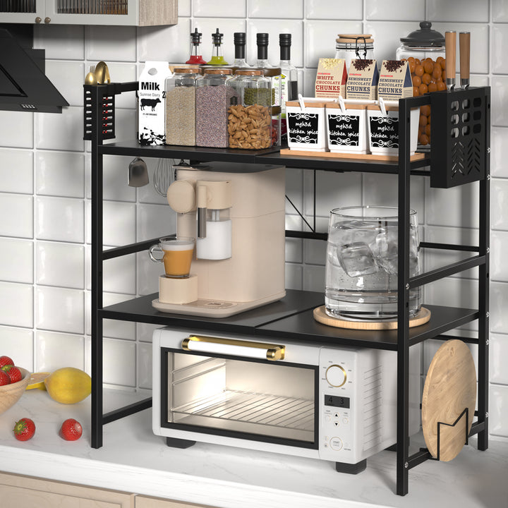 2 Tier Expandable Adjustable Microwave Oven Rack Shelf with Cutter Holder and Chopping Board Stand Kitchen Counter Image 8