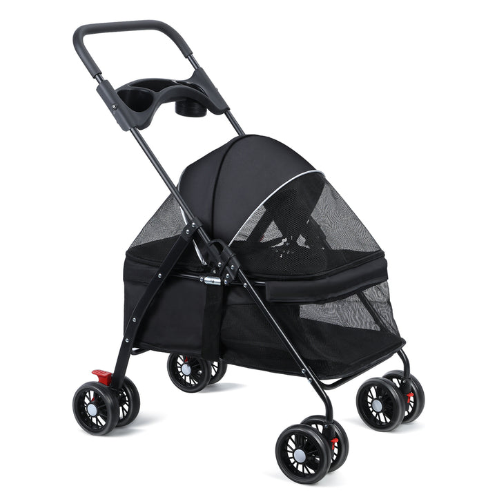 4 Wheels Dog Cat Stroller Outdoor Travel Pet Folding Stroller with Cup Holder Breathable and Visible Mesh for Medium Image 1