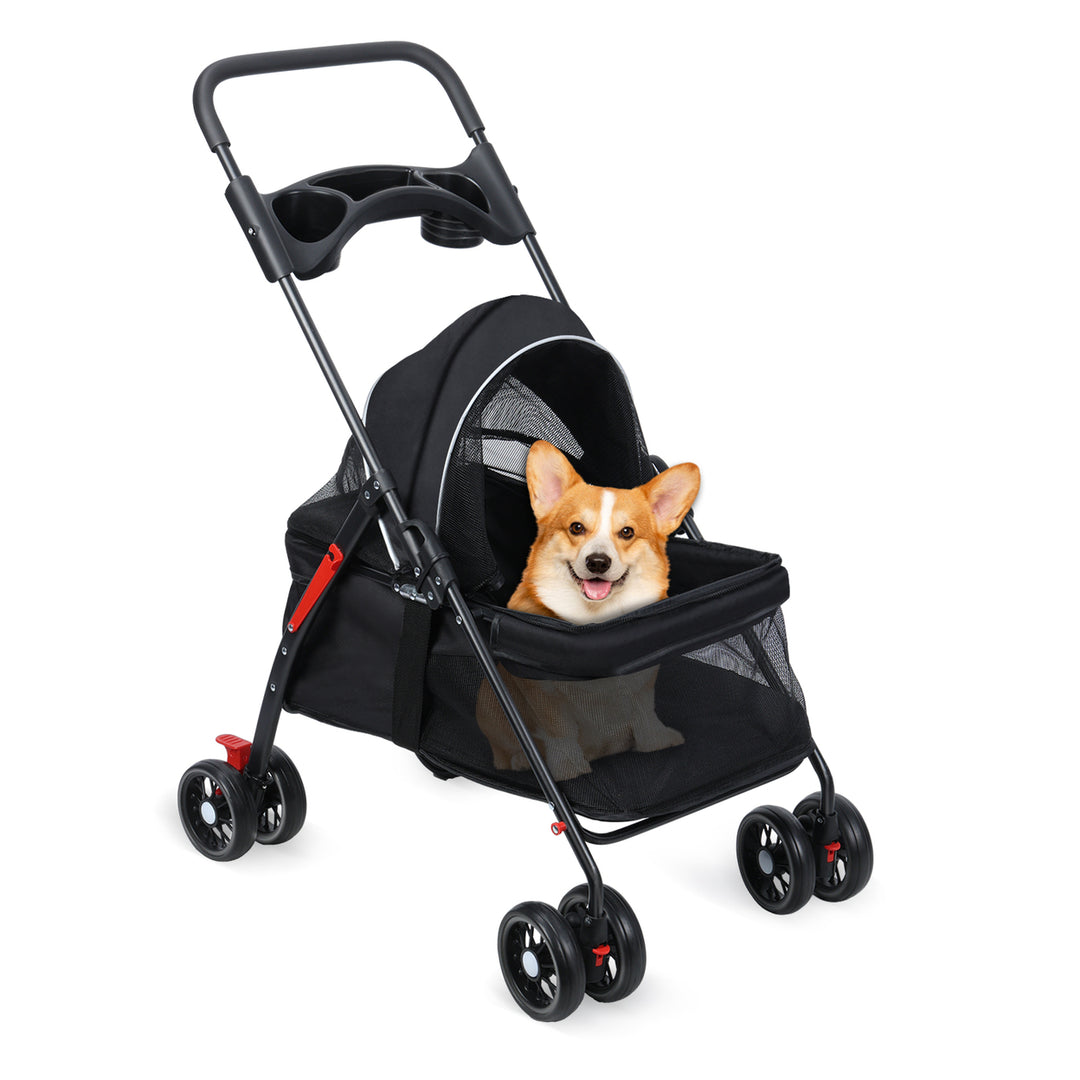 4 Wheels Dog Cat Stroller Outdoor Travel Pet Folding Stroller with Cup Holder Breathable and Visible Mesh for Medium Image 2