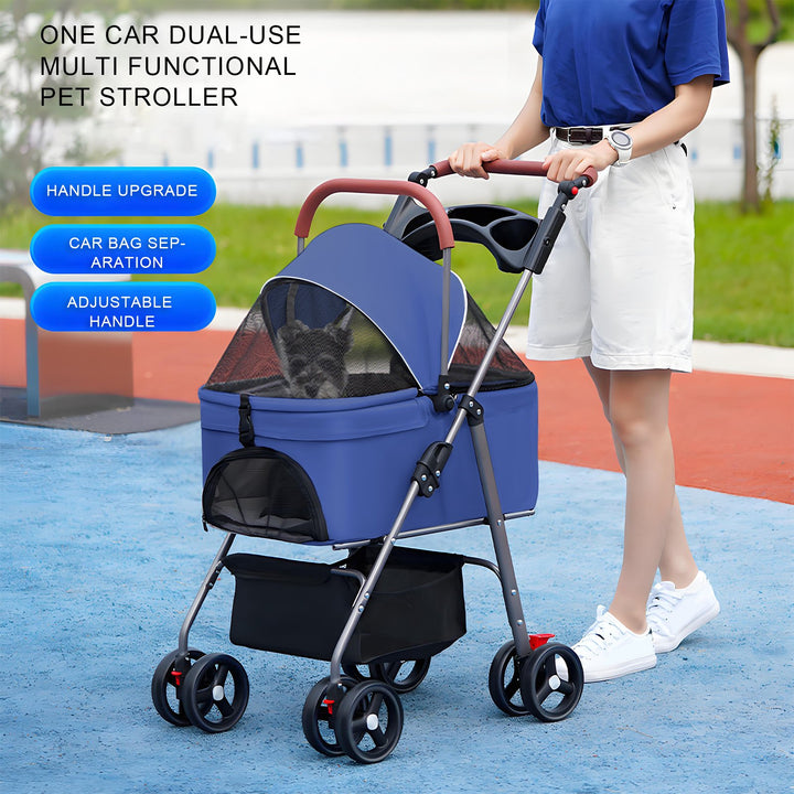 2 in 1 Folding Pet Stroller Pet Folding Stroller 4 Wheels Dog/Cat Puppy Stroller Removable Travel Carrier for Image 3