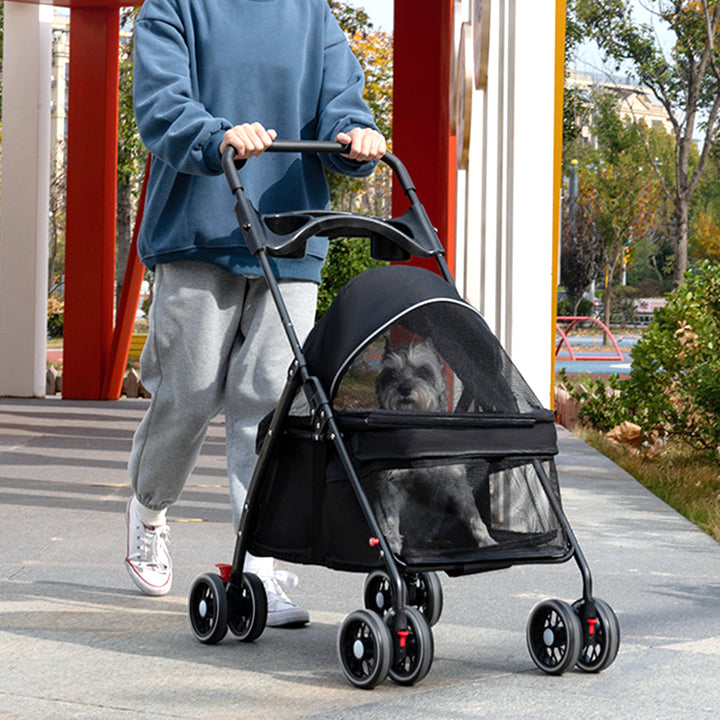 4 Wheels Dog Cat Stroller Outdoor Travel Pet Folding Stroller with Cup Holder Breathable and Visible Mesh for Medium Image 4