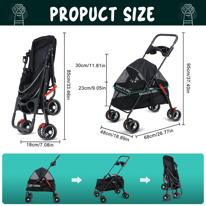 4 Wheels Dog Cat Stroller Outdoor Travel Pet Folding Stroller with Cup Holder Breathable and Visible Mesh for Medium Image 6