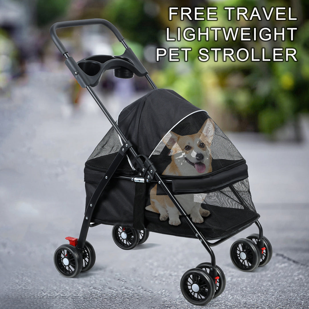 4 Wheels Dog Cat Stroller Outdoor Travel Pet Folding Stroller with Cup Holder Breathable and Visible Mesh for Medium Image 8