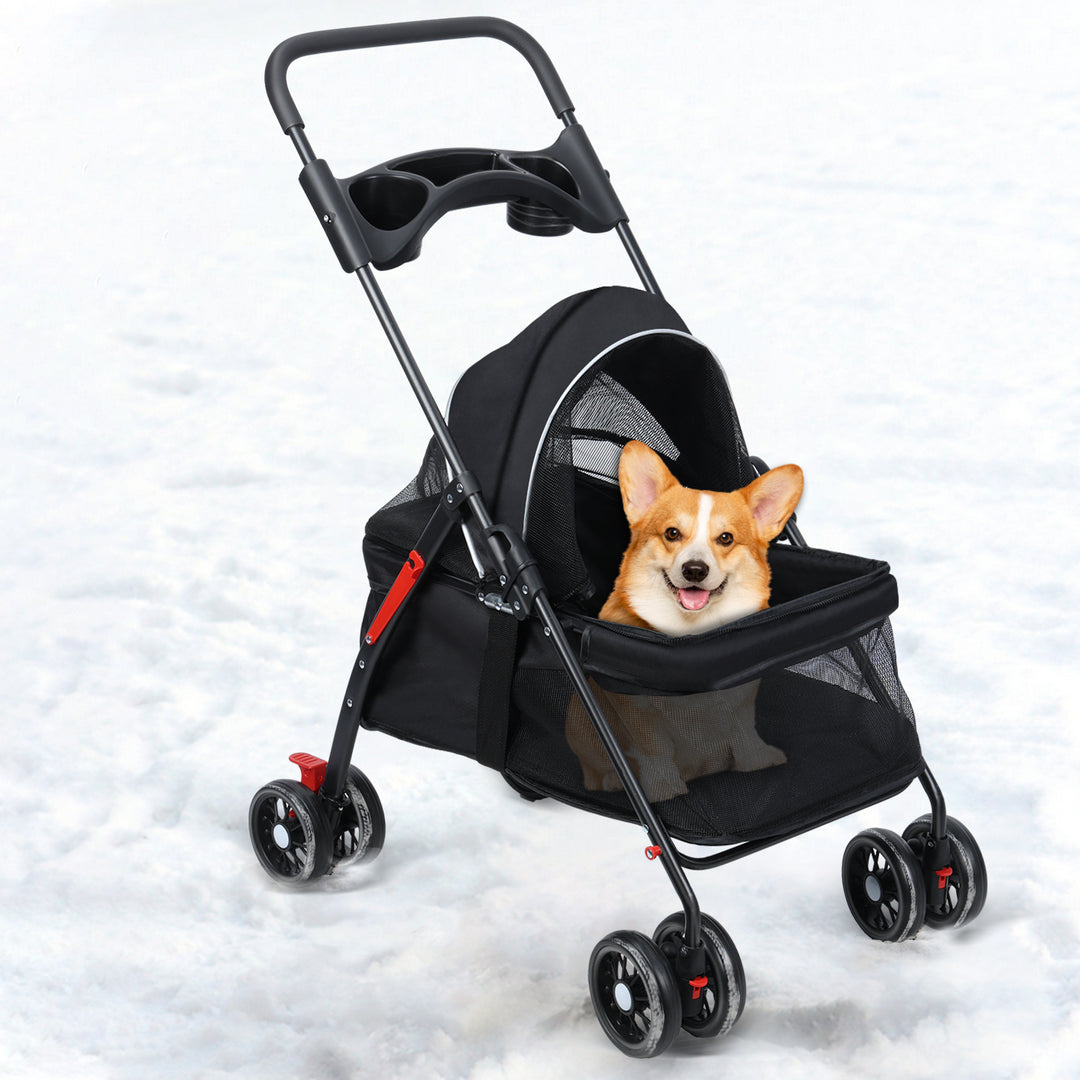 4 Wheels Dog Cat Stroller Outdoor Travel Pet Folding Stroller with Cup Holder Breathable and Visible Mesh for Medium Image 10