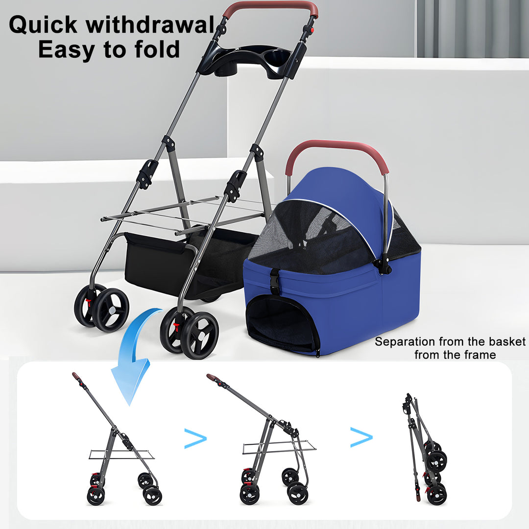 2 in 1 Folding Pet Stroller Pet Folding Stroller 4 Wheels Dog/Cat Puppy Stroller Removable Travel Carrier for Image 11