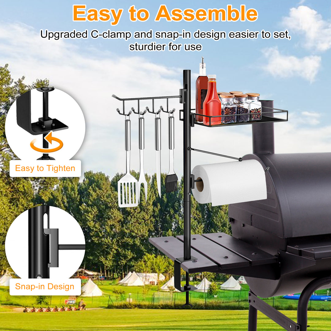 BBQ Grill Caddy Organizer with Paper Towel Holder Condiment Jar Tool Hooks Stable C-Clamp Base Outdoor Grilling Image 3