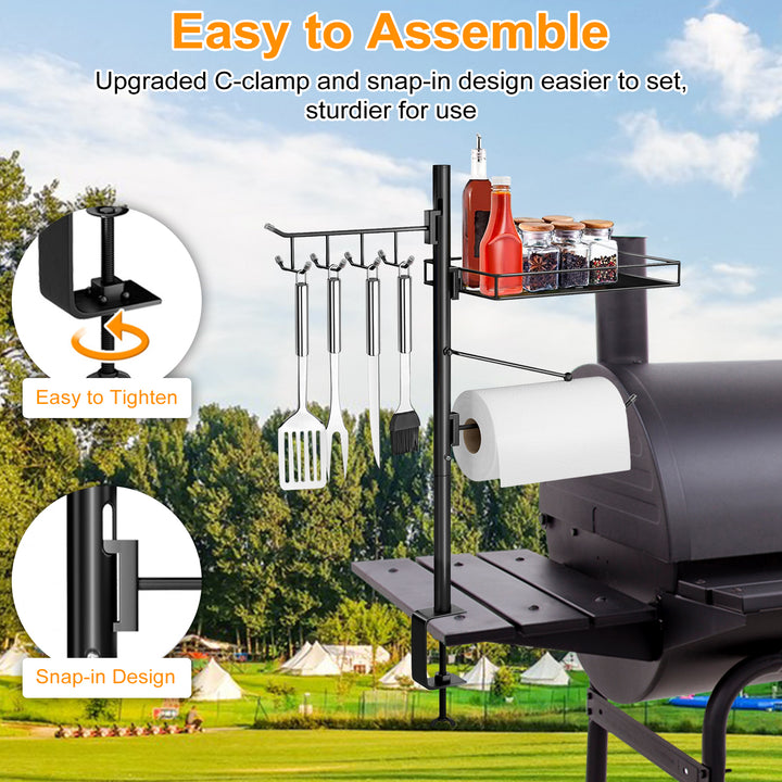 BBQ Grill Caddy Organizer with Paper Towel Holder Condiment Jar Tool Hooks Stable C-Clamp Base Outdoor Grilling Image 3