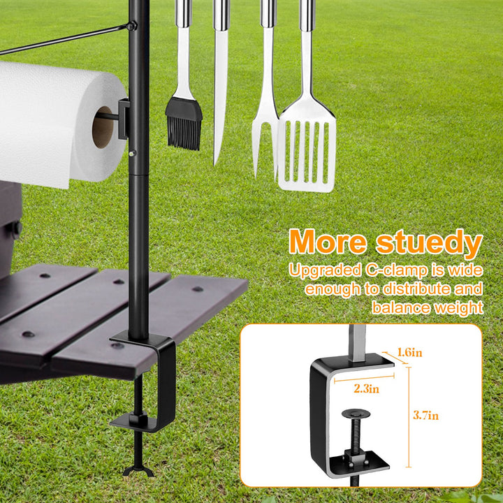 BBQ Grill Caddy Organizer with Paper Towel Holder Condiment Jar Tool Hooks Stable C-Clamp Base Outdoor Grilling Image 8