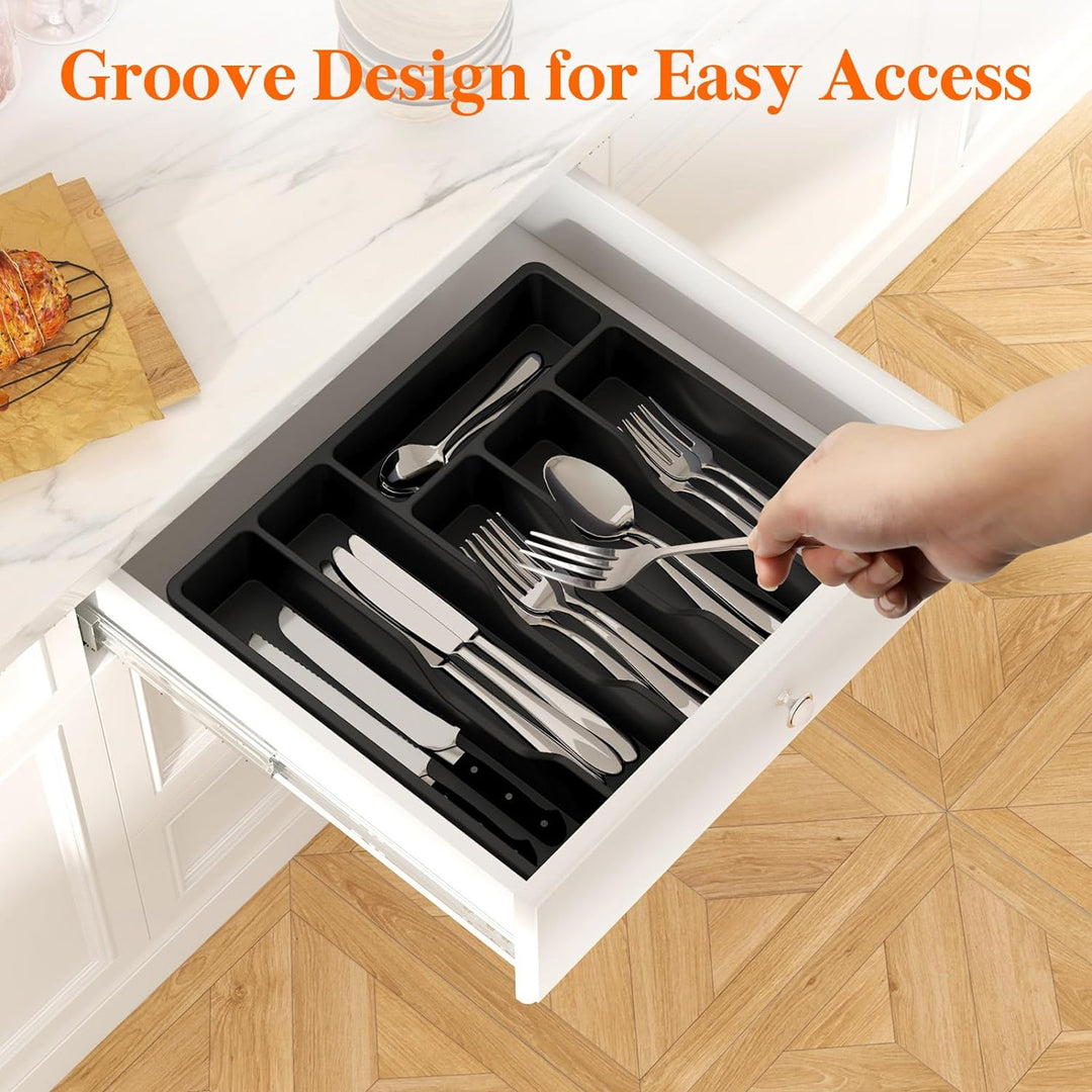 Cutlery Storage Box with Lid 6 Grids Plastic Organizer for Kitchen Countertop Tableware Holder Case for Spoons Forks Image 4