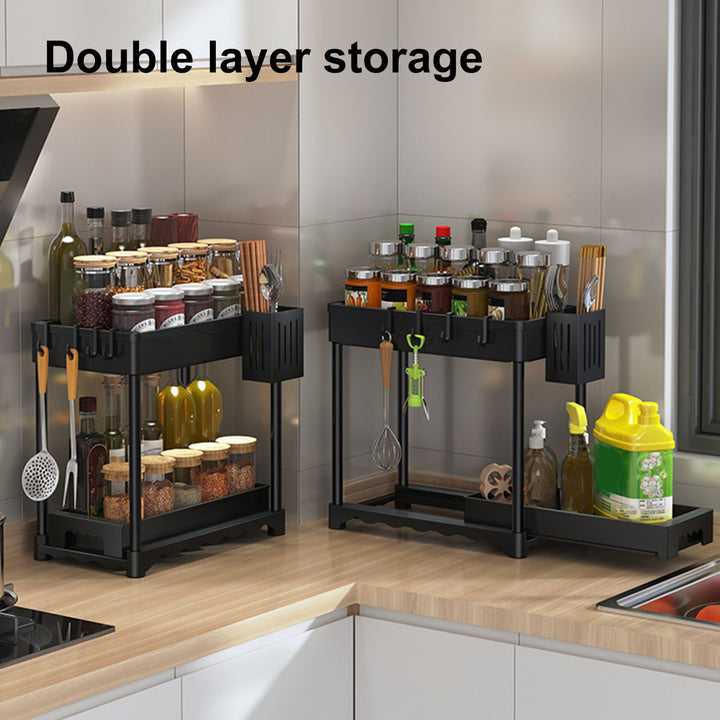 40x23cm Storage Rack Pull Out Bathroom Cabinet Organizer with Hook Storage Cylinder 2 Tier Storage Holder for Kitchen Image 1