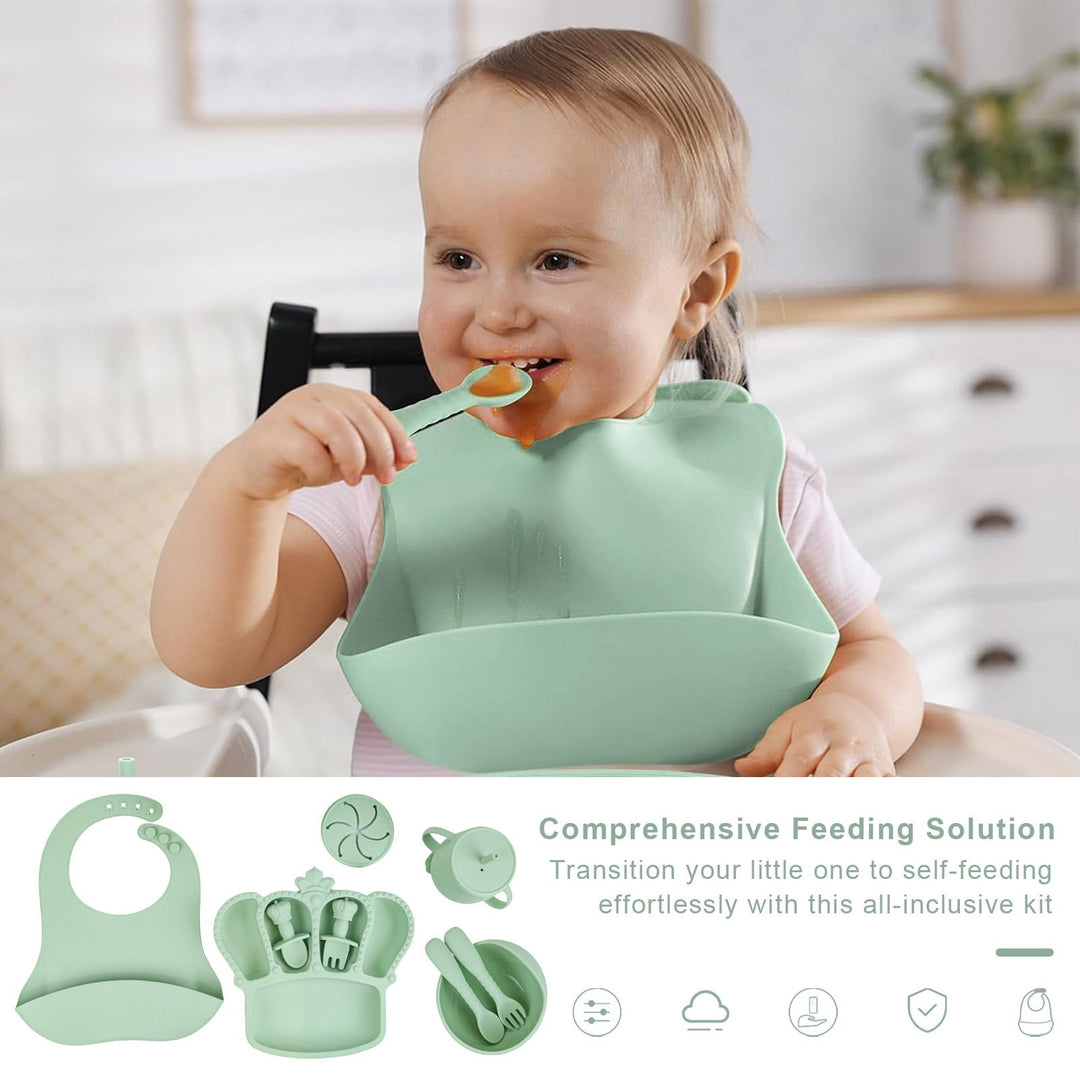 9Pcs Silicone Baby Feeding Set Suction Bowl Divided Plate Bibs Fruit Feeder Spoons Forks Sippy Cup Utensil Sets BPA-Free Image 9