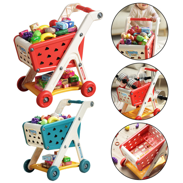 Kids Shopping Cart Toy with 25 Fruit Vegetable Food Accessories Role-Playing Mini Shopping Trolley Pretend Play Grocery Image 1