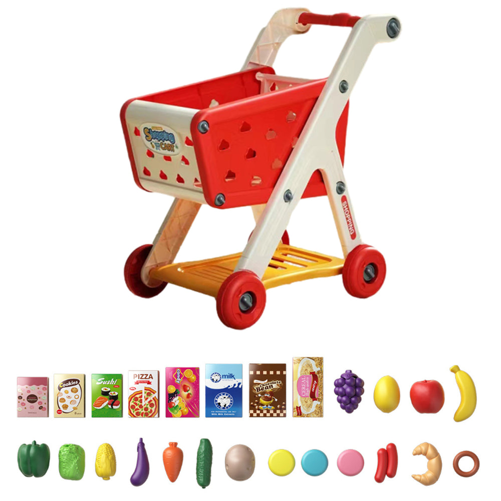 Kids Shopping Cart Toy with 25 Fruit Vegetable Food Accessories Role-Playing Mini Shopping Trolley Pretend Play Grocery Image 2