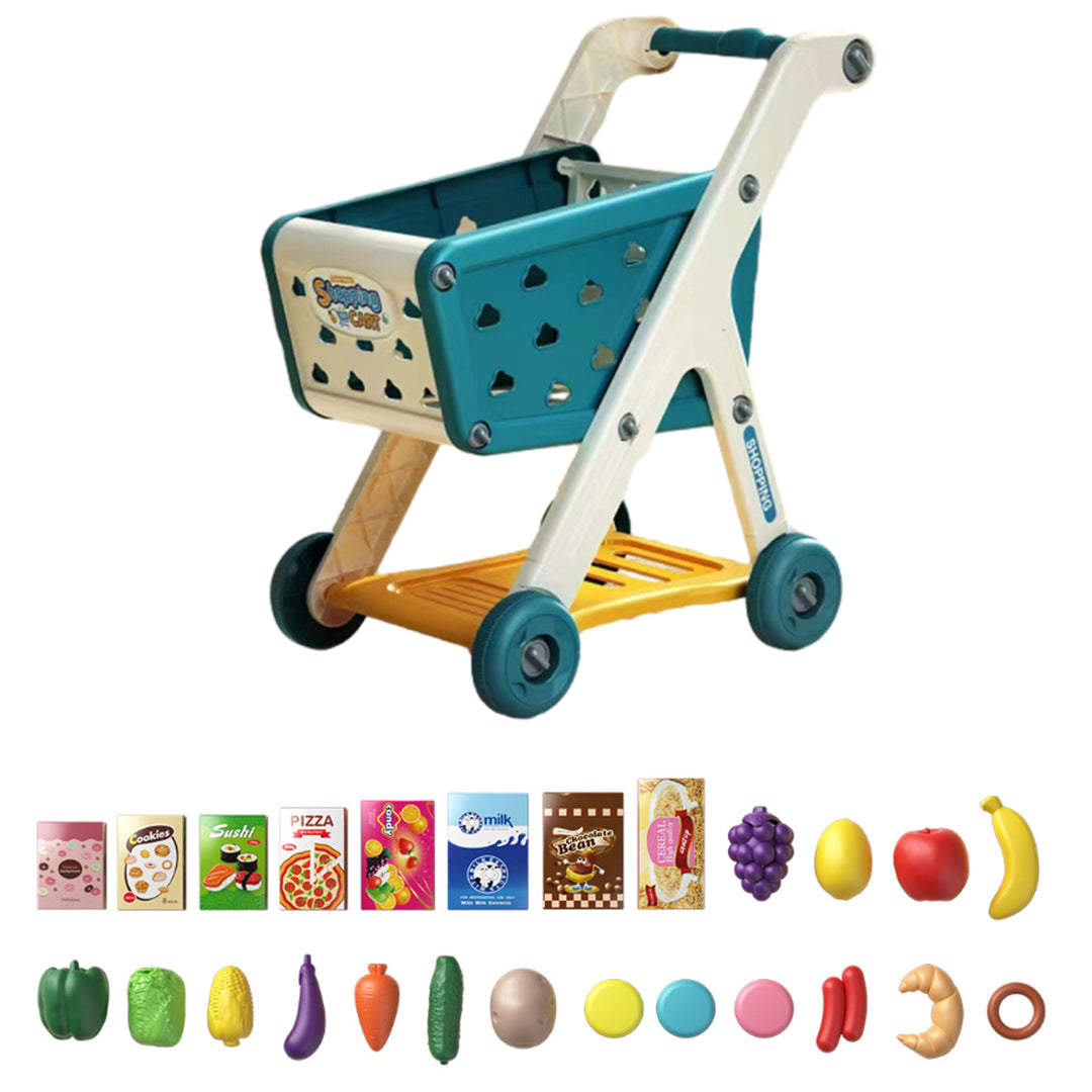 Kids Shopping Cart Toy with 25 Fruit Vegetable Food Accessories Role-Playing Mini Shopping Trolley Pretend Play Grocery Image 3