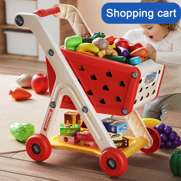 Kids Shopping Cart Toy with 25 Fruit Vegetable Food Accessories Role-Playing Mini Shopping Trolley Pretend Play Grocery Image 4