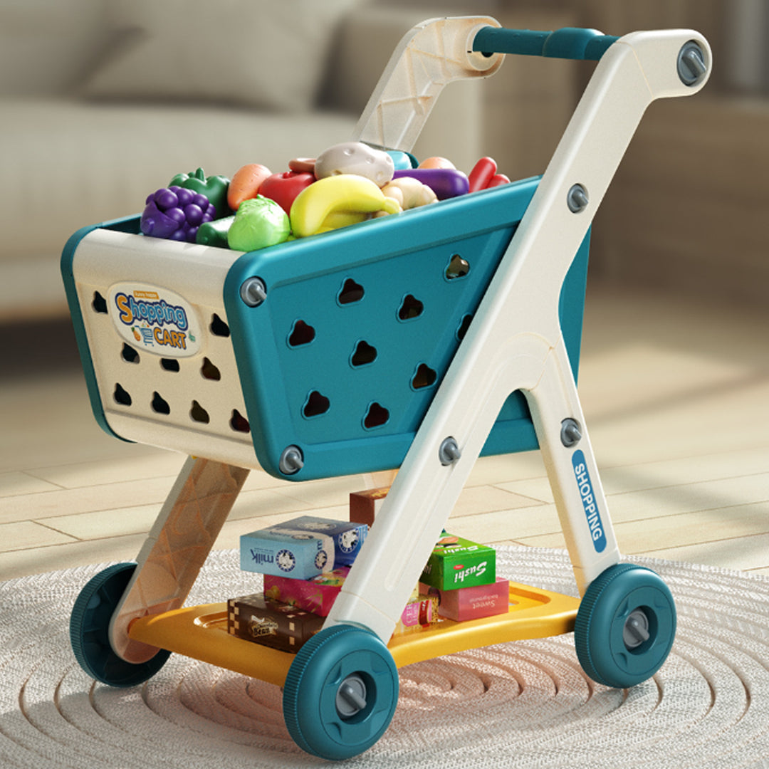 Kids Shopping Cart Toy with 25 Fruit Vegetable Food Accessories Role-Playing Mini Shopping Trolley Pretend Play Grocery Image 6