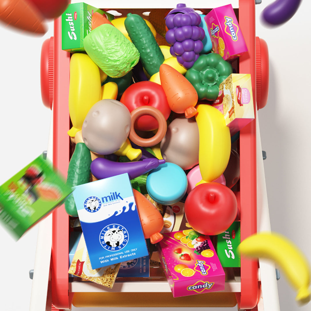 Kids Shopping Cart Toy with 25 Fruit Vegetable Food Accessories Role-Playing Mini Shopping Trolley Pretend Play Grocery Image 8