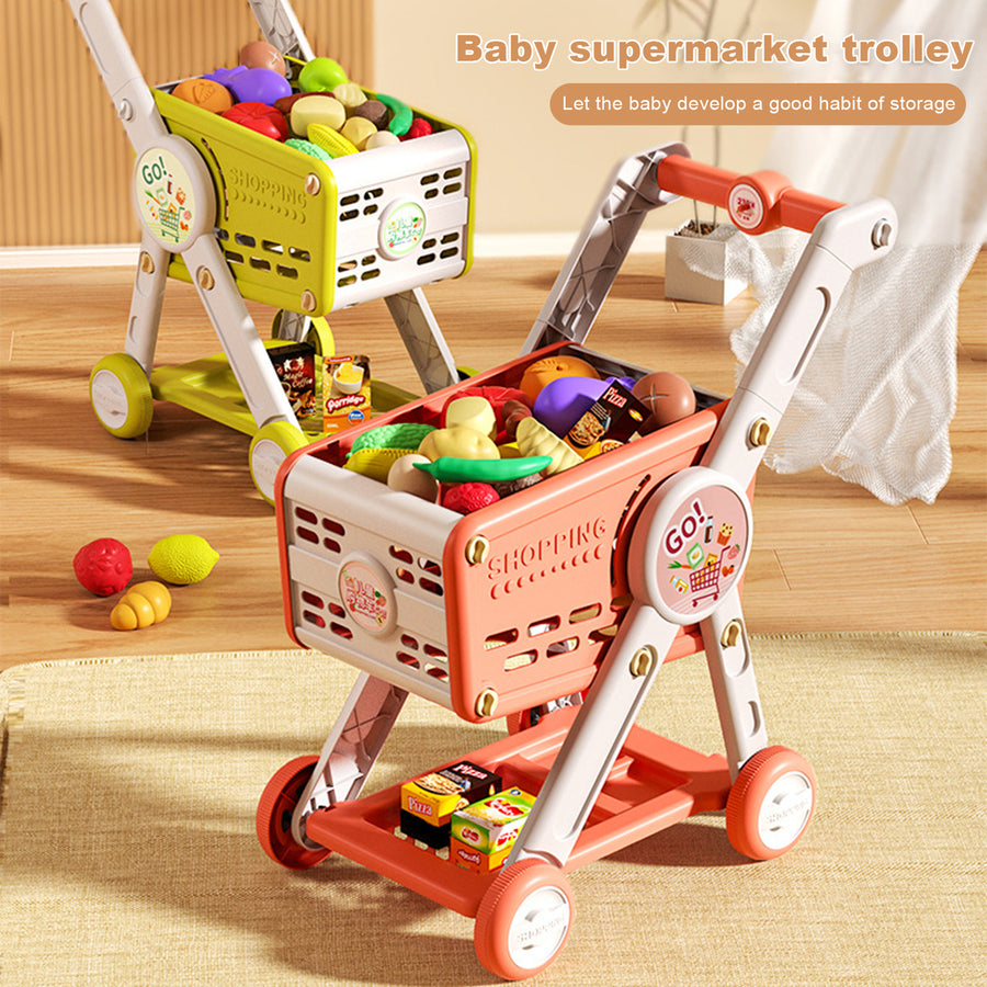 Kids Shopping Cart Toy with 29 Fruit Vegetable Food Accessories Role-Playing Mini Shopping Trolley Pretend Play Grocery Image 1