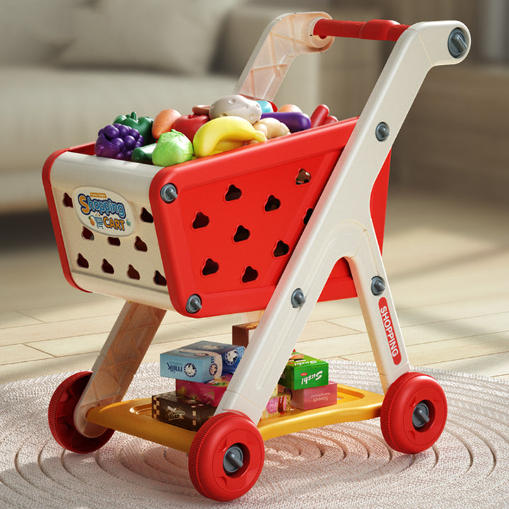 Kids Shopping Cart Toy with 25 Fruit Vegetable Food Accessories Role-Playing Mini Shopping Trolley Pretend Play Grocery Image 10