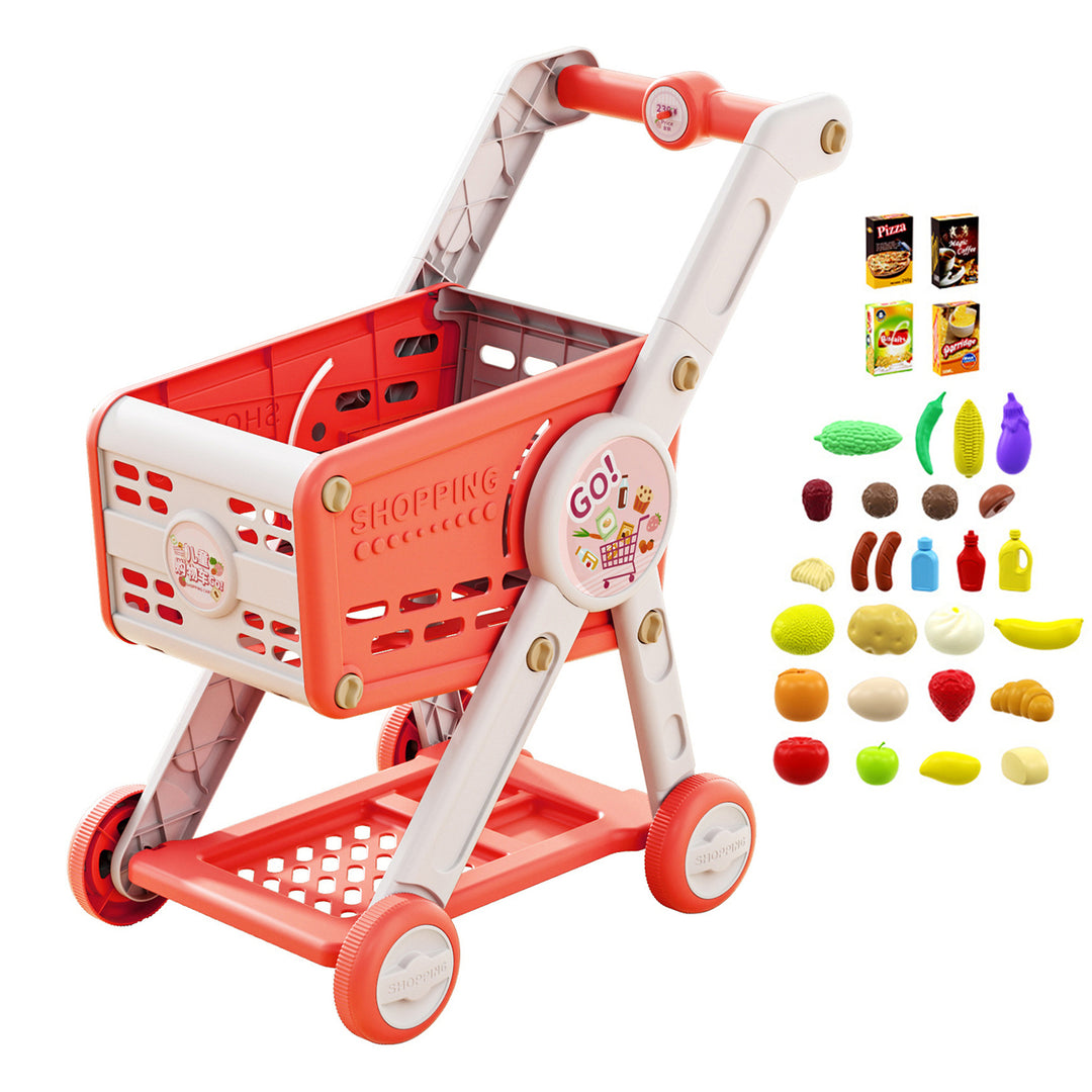 Kids Shopping Cart Toy with 29 Fruit Vegetable Food Accessories Role-Playing Mini Shopping Trolley Pretend Play Grocery Image 2