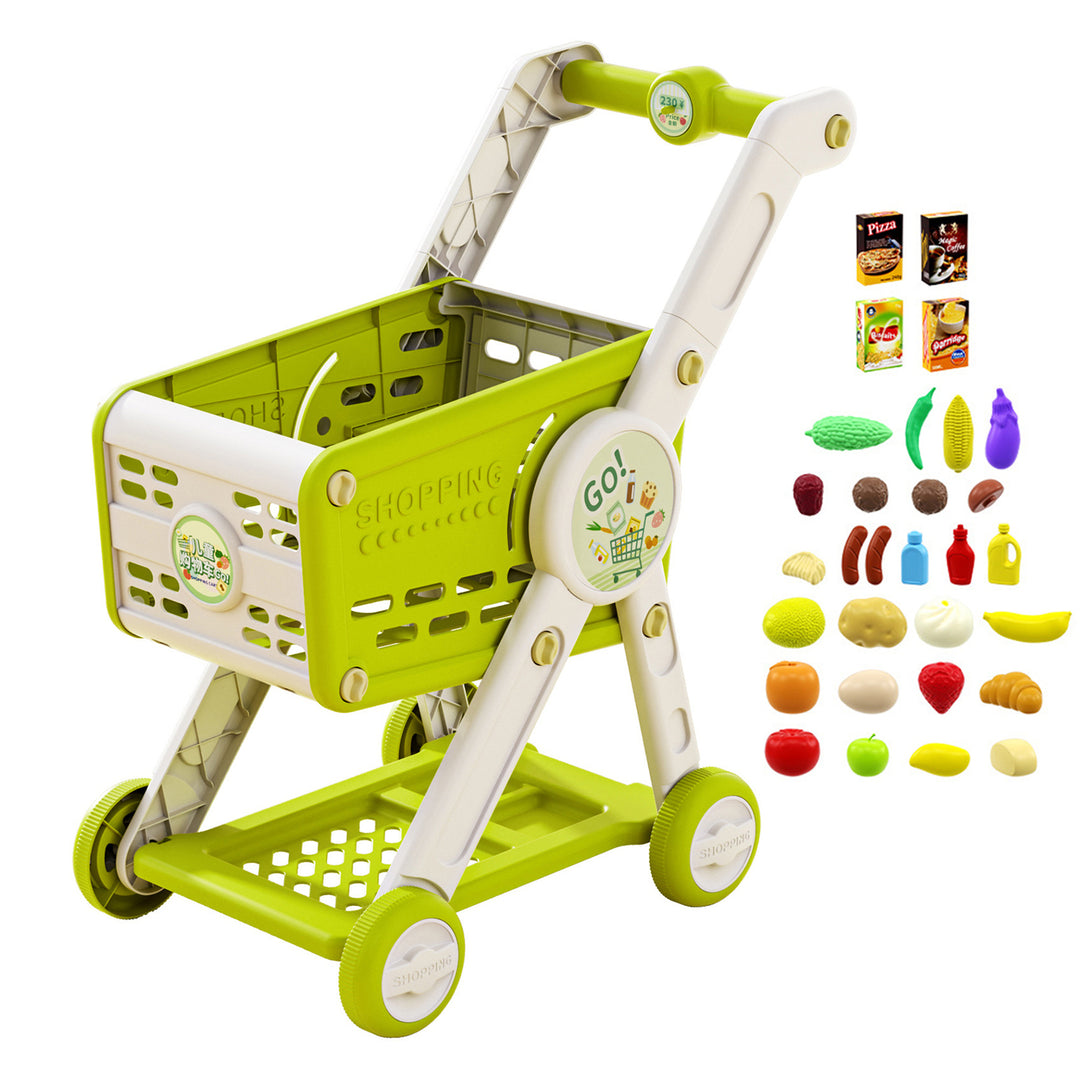 Kids Shopping Cart Toy with 29 Fruit Vegetable Food Accessories Role-Playing Mini Shopping Trolley Pretend Play Grocery Image 3