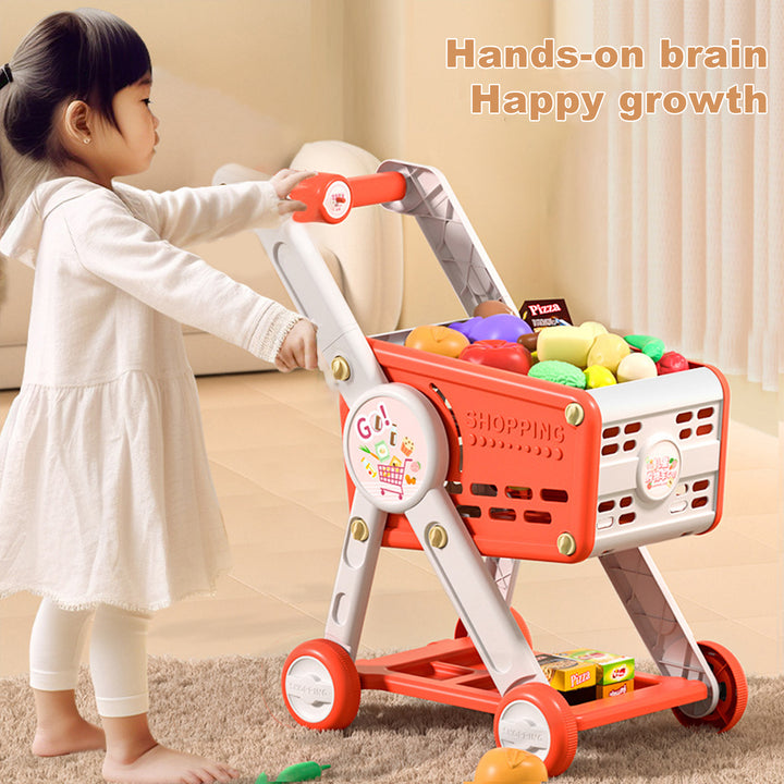 Kids Shopping Cart Toy with 29 Fruit Vegetable Food Accessories Role-Playing Mini Shopping Trolley Pretend Play Grocery Image 4