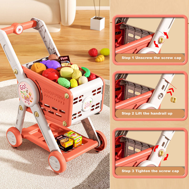 Kids Shopping Cart Toy with 29 Fruit Vegetable Food Accessories Role-Playing Mini Shopping Trolley Pretend Play Grocery Image 4