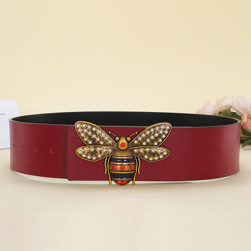 Women Fashion Bee Buckle Leather Belt 7cm Wide Belt Image 2