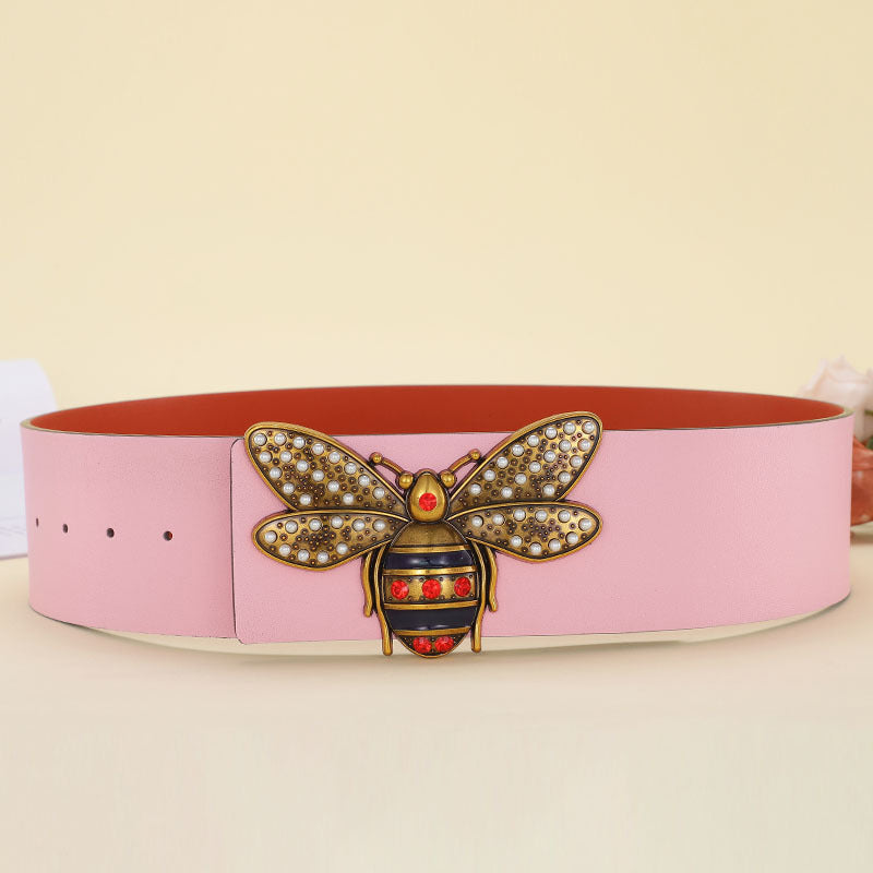 Women Fashion Bee Buckle Leather Belt 7cm Wide Belt Image 3