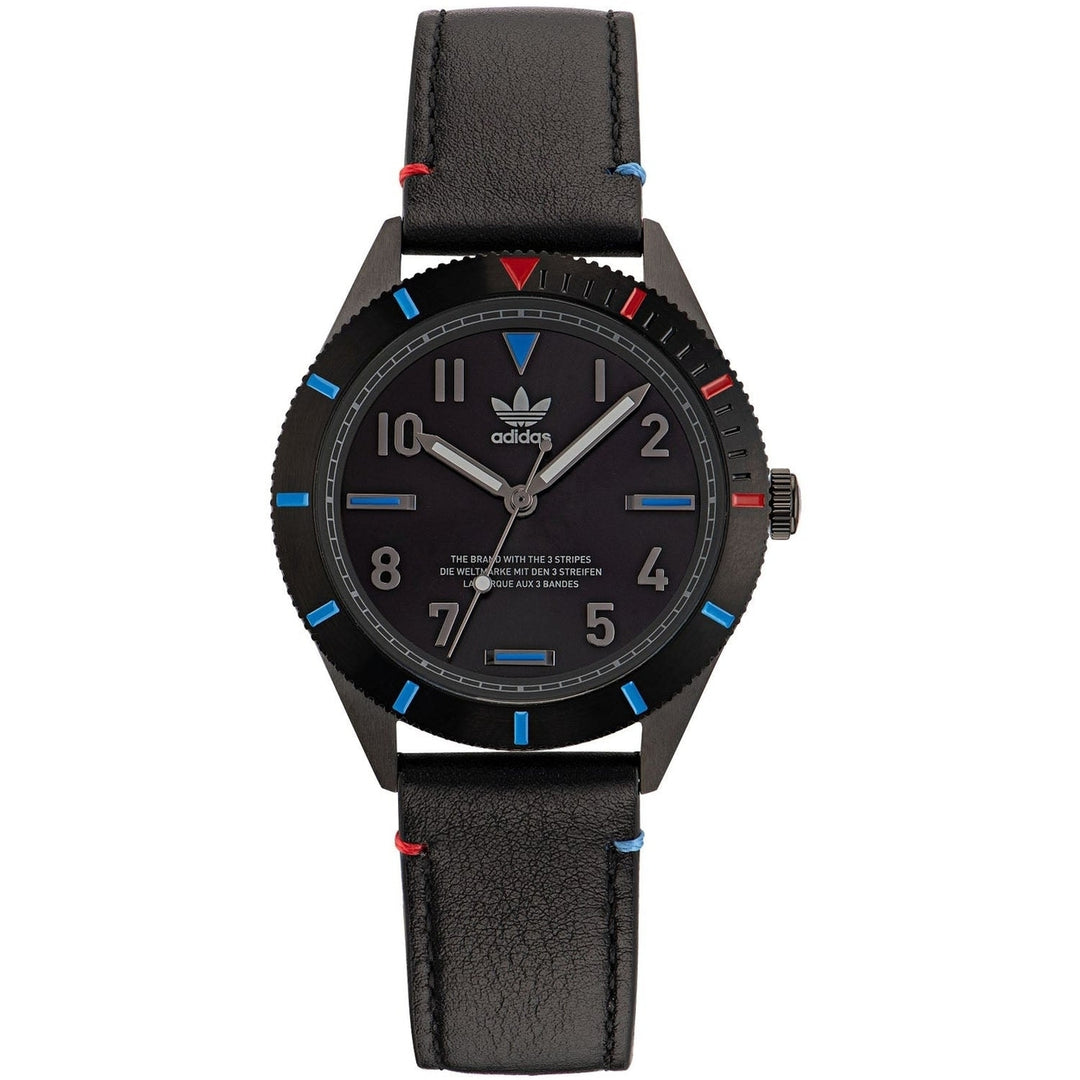 Adidas Mens Originals Three Black Dial Watch AOFH22506 Leather Strap Quartz Image 1