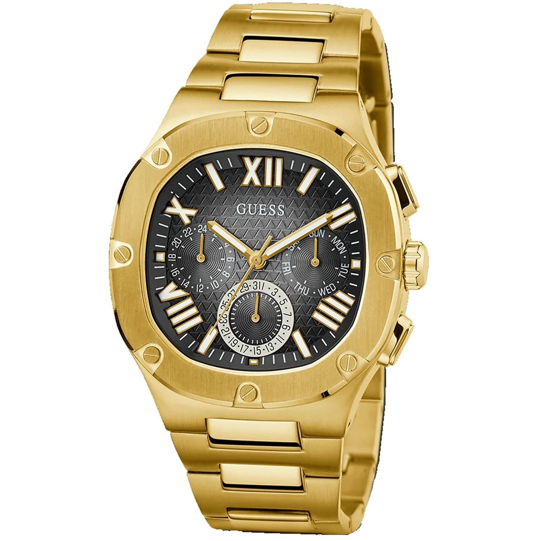 Guess Mens Gold Tone Multi-Function Black Dial Watch GW0572G2 Water Resistant Image 1