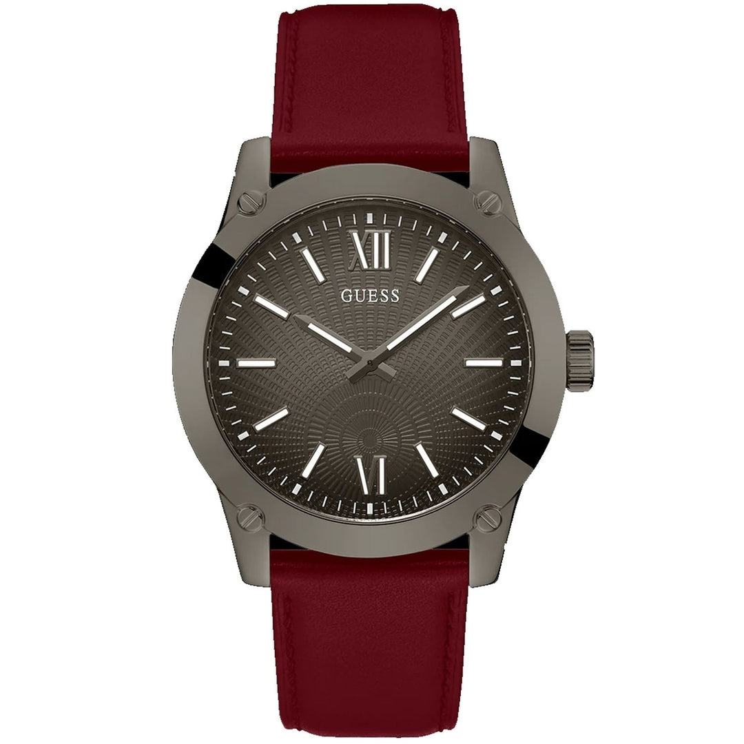 Guess Mens Dress Watch Burgundy Gunmetal Dial Leather Strap GW0628G4 30m Image 1