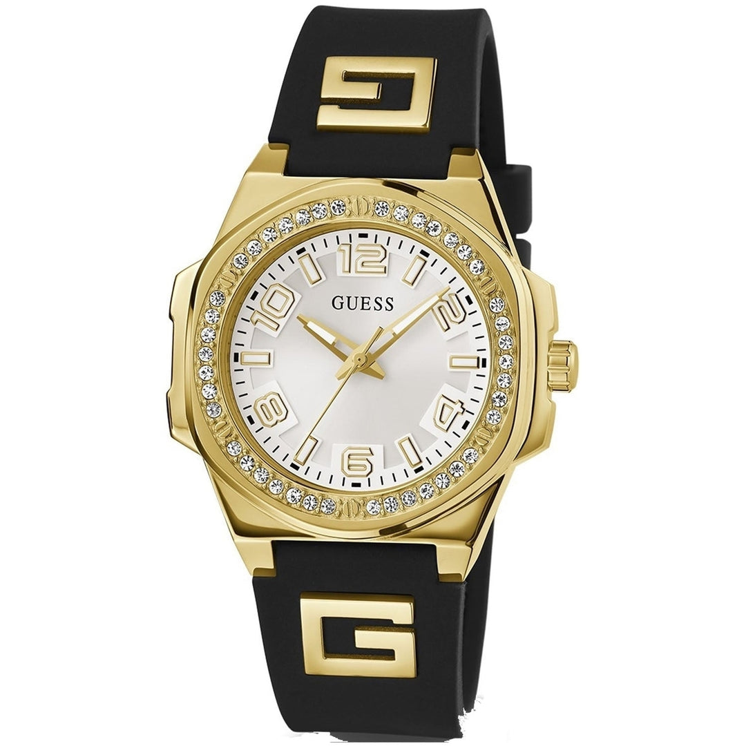 Guess Womens Black Gold Wristwatch GW0617L1 Silver Dial Quartz Water Resistant Image 1