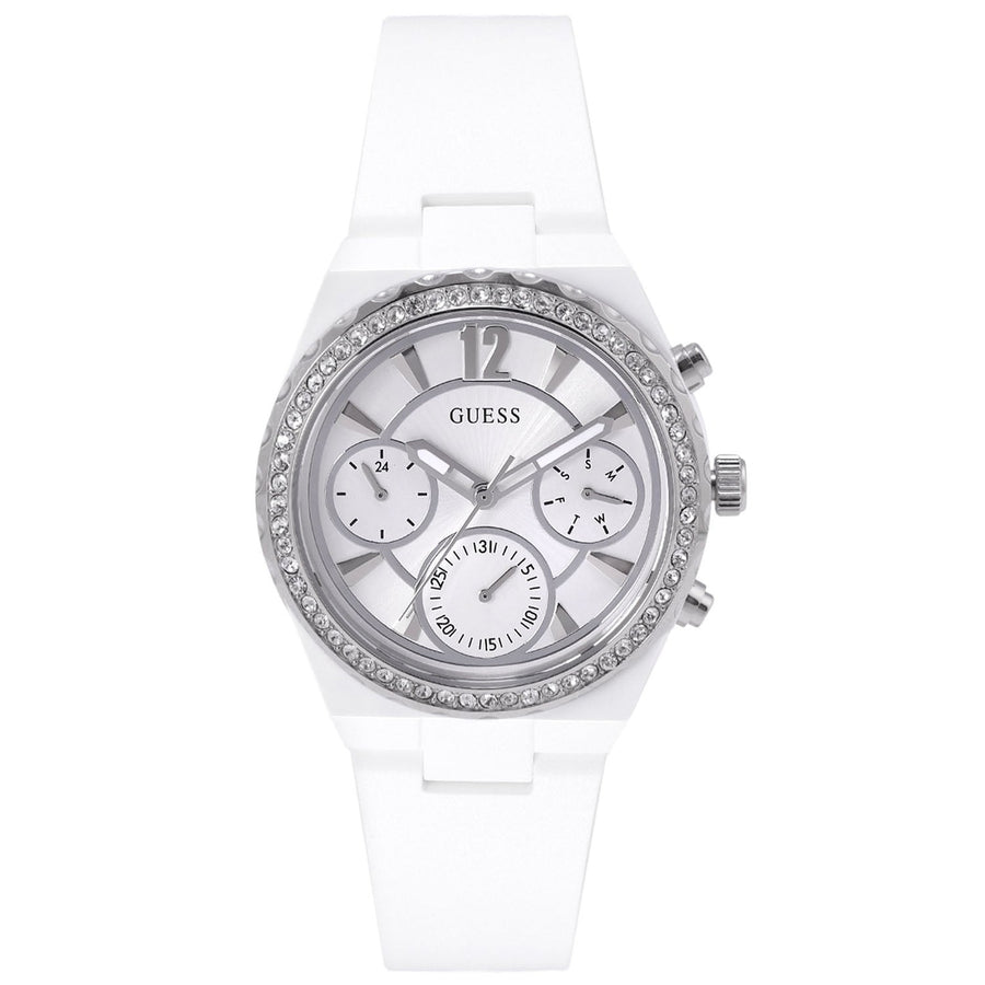 Guess Womens Silver Dial Quartz Watch GW0697L1 Stainless Steel Rubber Strap Image 1