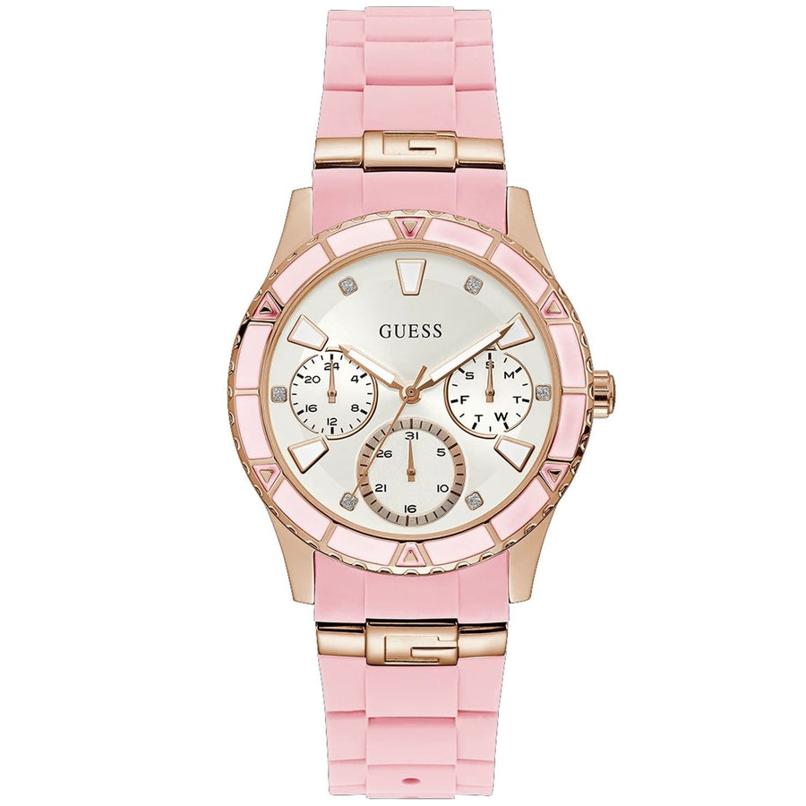 Guess Womens Multifunction Watch Pink Rose Gold Tone White Dial W1157L6 Image 1