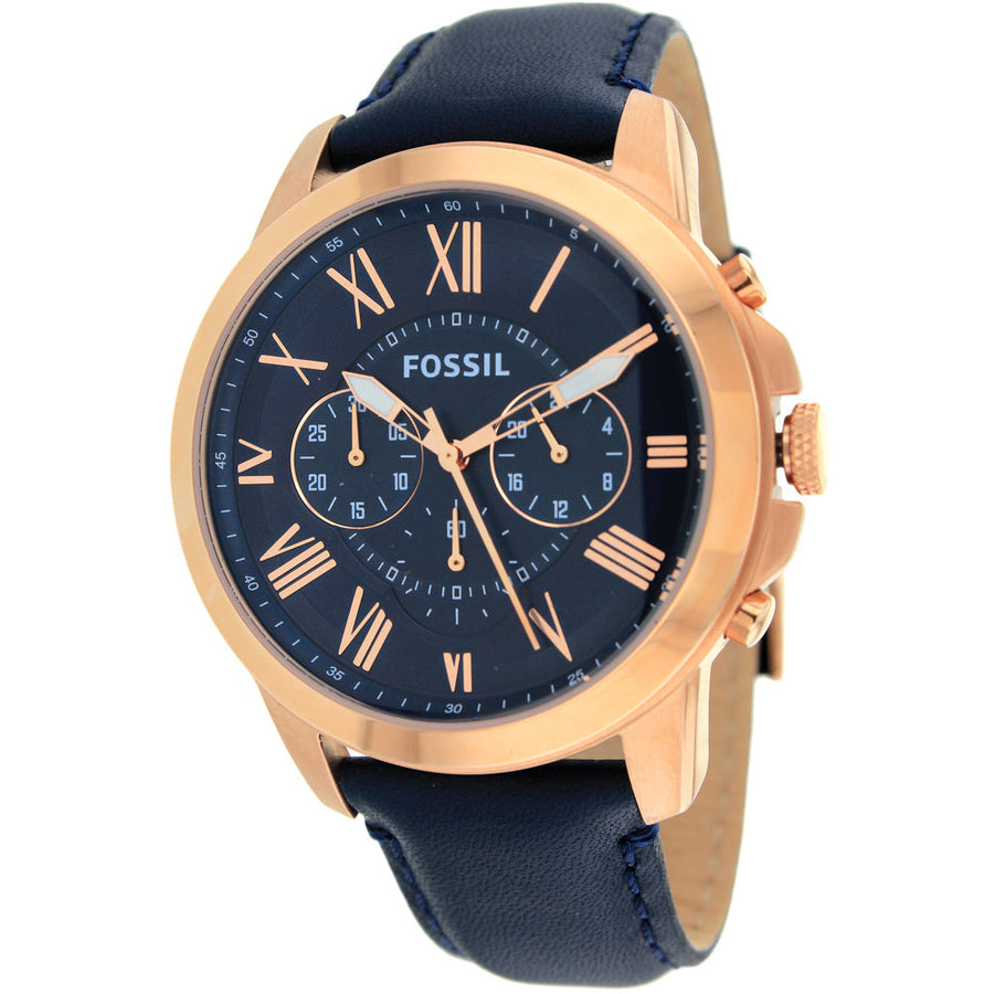 Fossil Mens Grant Navy Blue Dial Watch FS4835 Stainless Steel Leather Strap Image 1