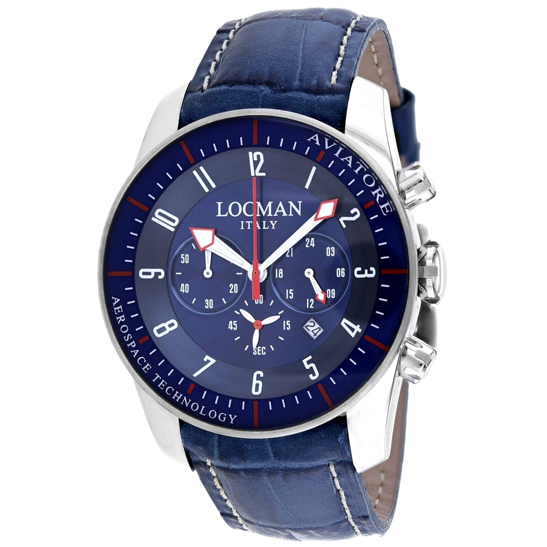 Locman Mens Aviatore Blue Dial Quartz Watch 450NBL Stainless Steel Leather Strap Image 1