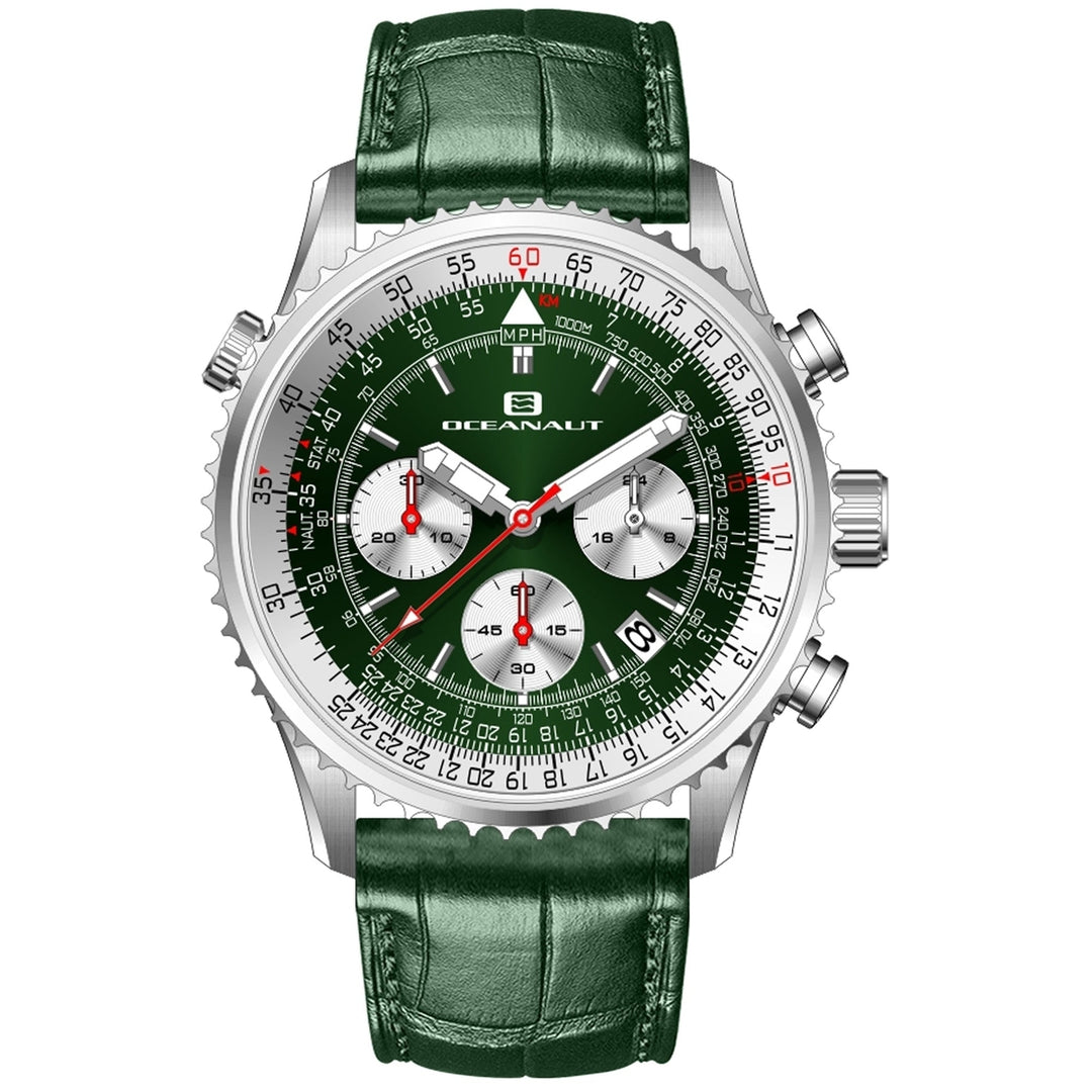 Oceanaut Mens Flight Watch OC0128 Green Dial Stainless Steel Leather Strap Image 1