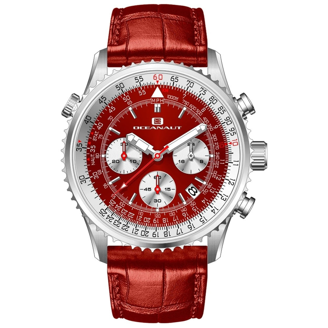 Oceanaut Mens Flight Watch OC0129 Red Dial Stainless Steel Leather Strap 10 ATM Image 1