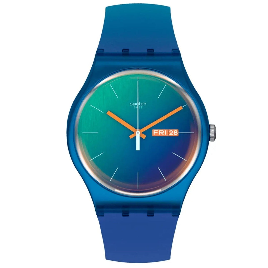 Swatch Mens Fade to Teal Blue Dial Watch SO29N708 Silicone Strap Quartz Image 1