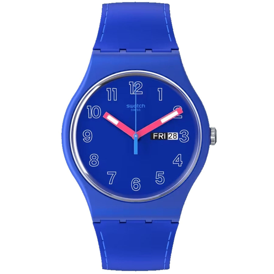 Swatch Mens Cobalt Disco Blue Dial Quartz Watch SO29N705 Silicone Strap Image 1