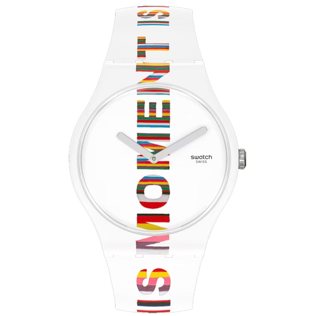 Swatch Mens White Dial Quartz Watch Silicone Strap SUOZ330 Water Resistant Image 1