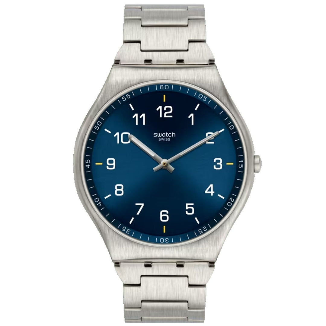 Swatch Mens Skin Irony Blue Dial Watch SS07S106G Stainless Steel Bracelet Image 1