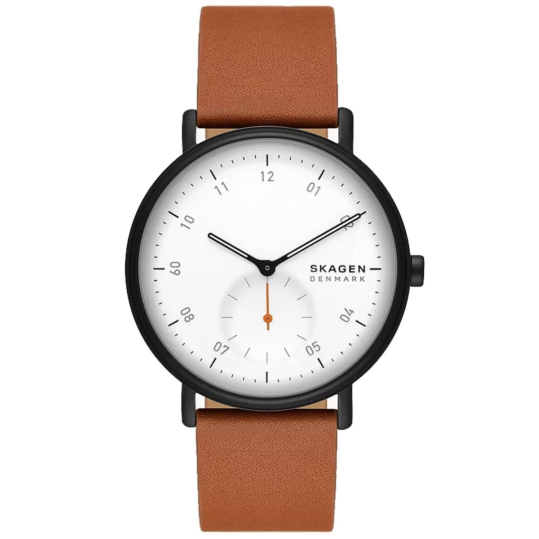 Skagen Mens Kuppel SKW6889 White Dial Quartz Watch Stainless Steel Leather Strap Image 1