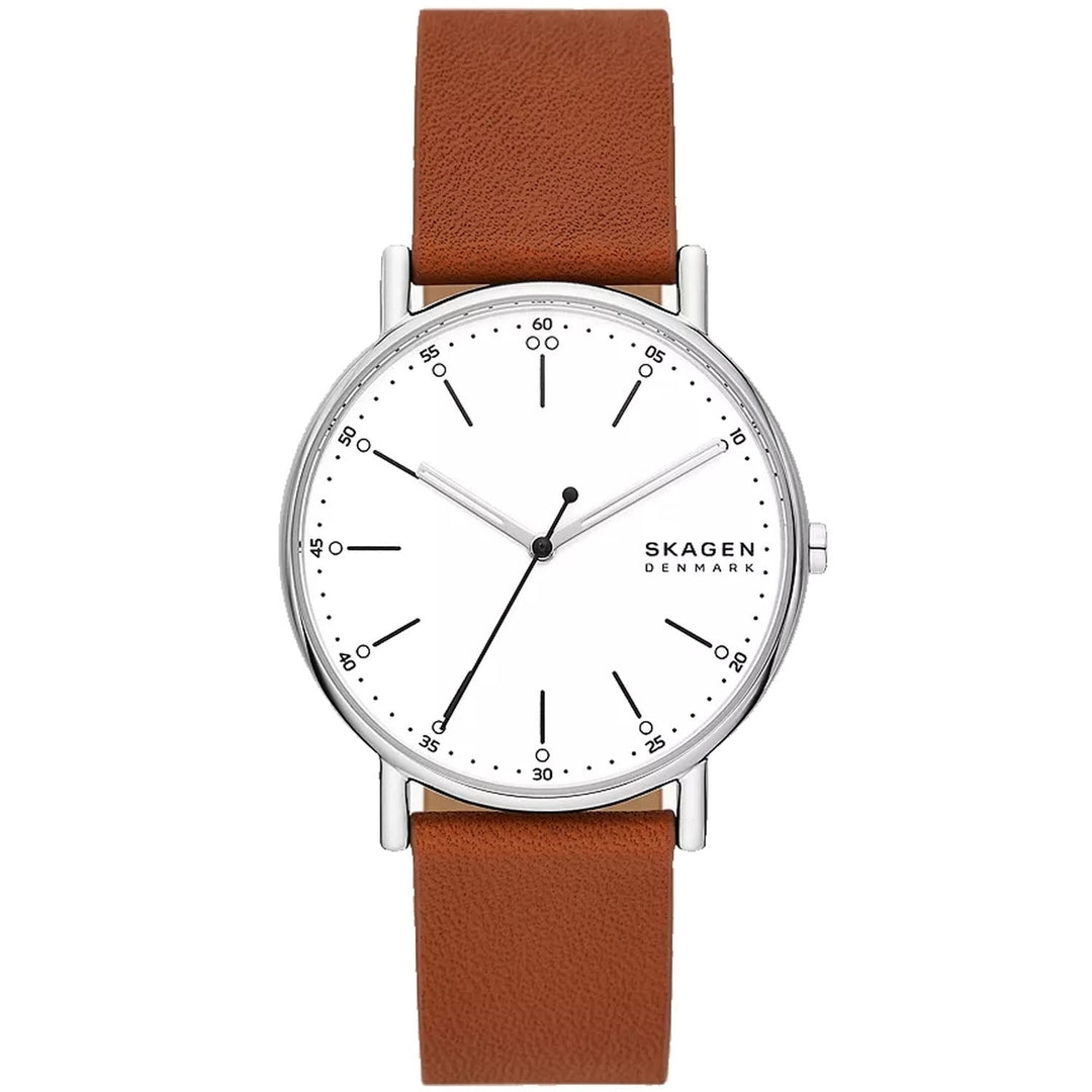 Skagen Mens Signatur White Dial Watch SKW6903 Stainless Steel Leather Strap Image 1