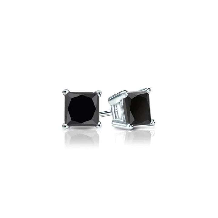 14k White Gold Plated Black Sapphire Stud Earrings 6mm Princess Cut Womens Image 1