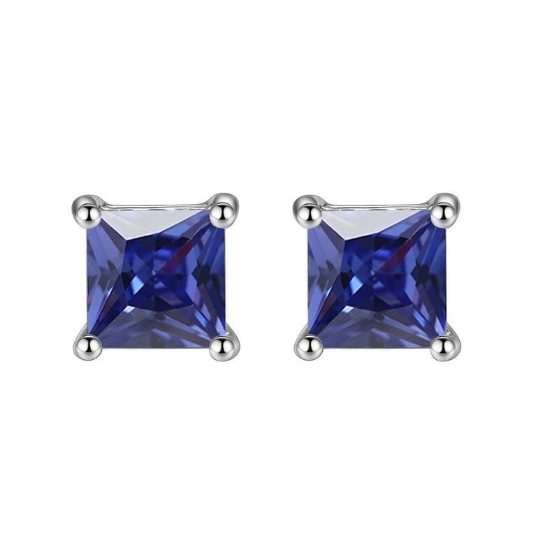 14k White Gold Plated Blue Sapphire 6mm Princess Cut Stud Earrings Women Image 1