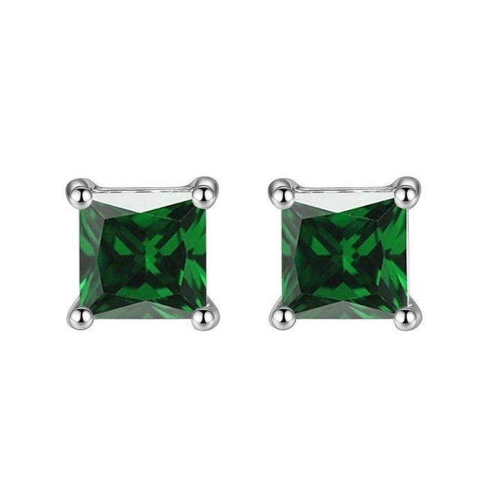 14k White Gold Plated Created Emerald 6mm Princess Cut Stud Earrings for Women Image 1