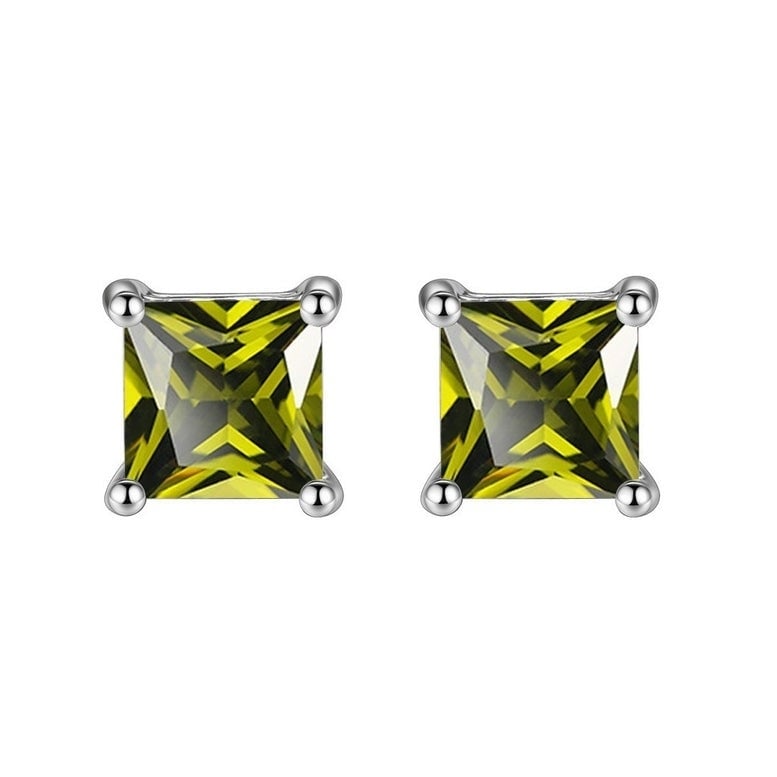 14k White Gold Plated Created Peridot Princess Cut 6mm Stud Earrings Women Image 1