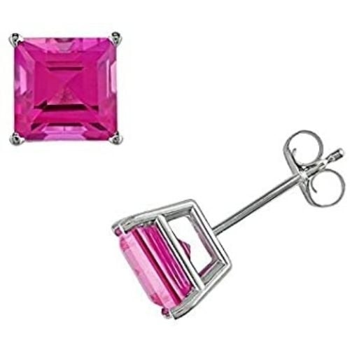 14k White Gold Plated Pink Sapphire Stud Earrings 6mm Square Womens Jewelry Image 1